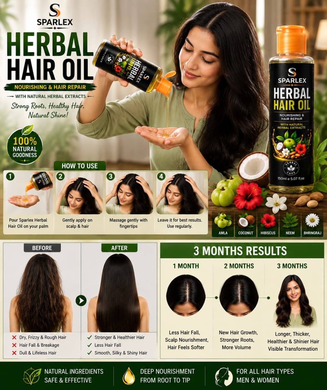 SPARLEX Herbal Hair Treatment Set | Shampoo + Hair Oil + Hair Serum